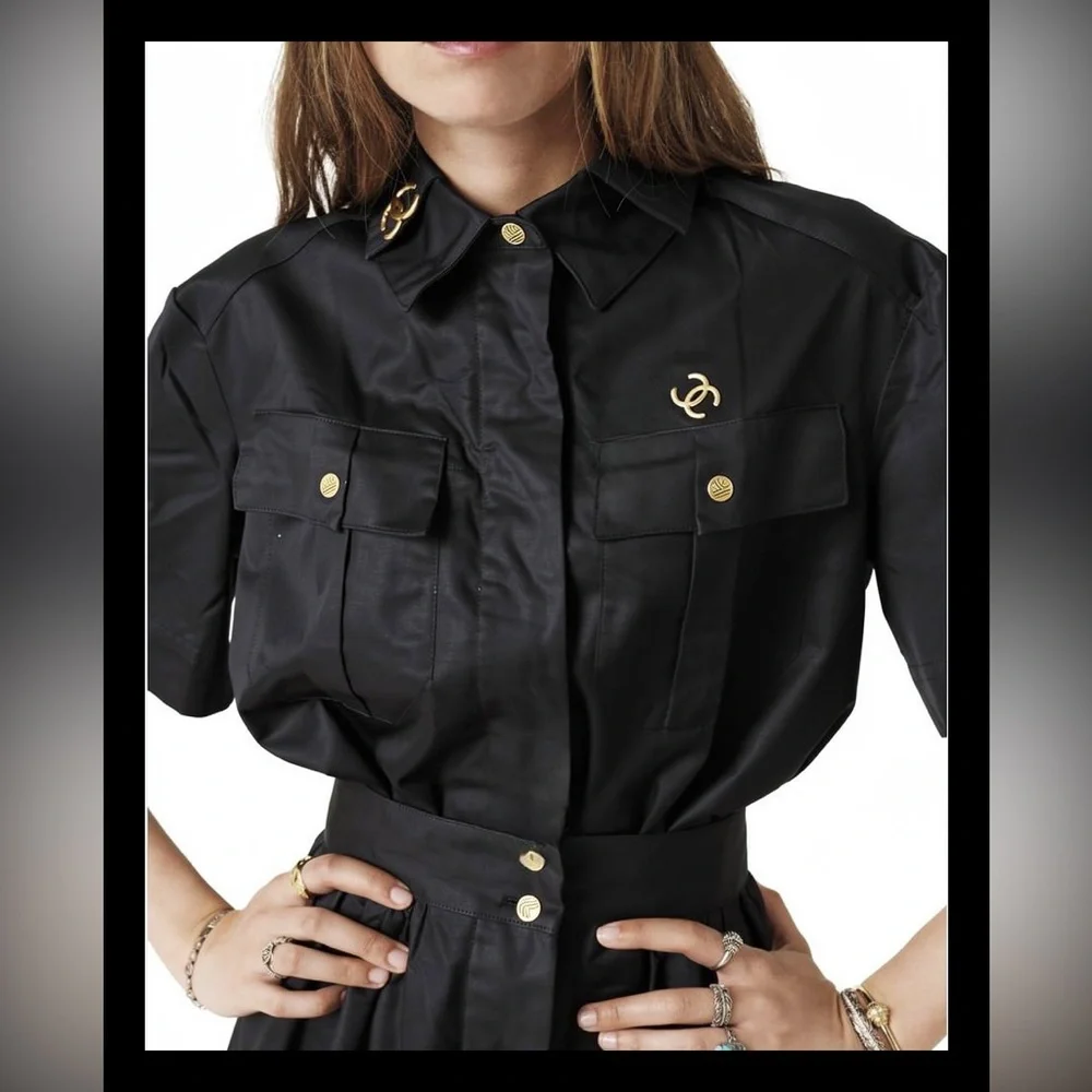 CHANEL Archival 06P Black Linen Cinched Waist Safari Blouse